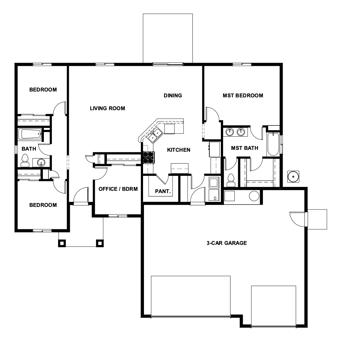 Monroe floor plan drawing: 3 bedrooms plus office, 2 baths, 3-car garage